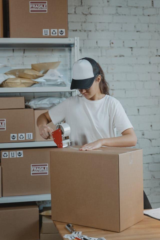 Une jeune femme prépare une commande.